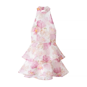 Pink floral halter neck chiffon mini dress with layered ruffle hem and slim fit style