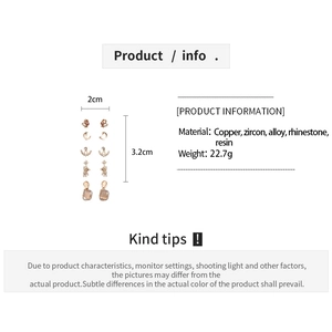 Detail view of 10-piece rose gold earring set with moon, bear shapes and material specs