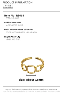 Detail view of gold-plated S925 sterling silver hollow square link ring weighing 1.4g