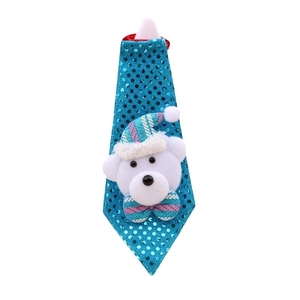 Blue sequin Christmas tie with a plush white bear wearing a striped holiday hat