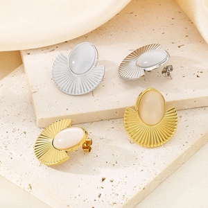 Retro stainless steel square earrings with cat eye stone in gold and silver finish