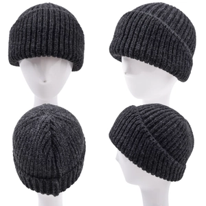 Dark grey ribbed knit beanie with folded brim for winter warmth in a multi-angle view