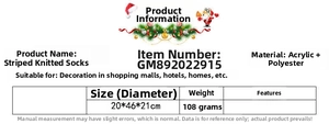 Detailed size chart for knitted Christmas stockings showing dimensions 20x46x21cm