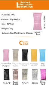 Detailed view of PU leather eyewear pouches with dimensions 18x9cm and multiple color options