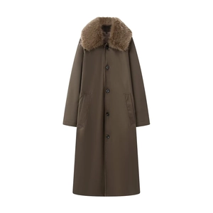 Women's long faux fur trim trench coat with button closure and large collar in dark olive