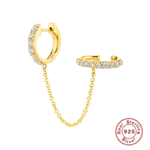 925 Sterling Silver Chain Hoop Earring And Ear Cuff Cubic Zirconia Minimalist Jewelry For Women