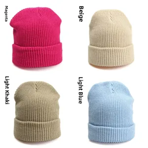 Ribbed knit beanies shown in rose red, beige, light khaki, and light blue colors