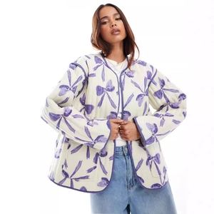 Women Sweet Quilted Jacket Polyester Bow Print Purple Binding Loose Casual Warm Outerwear Round Neck For Lady
