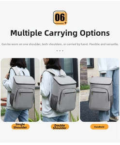 Detailed views of gray outdoor backpack showing shoulder, back and hand-carry modes