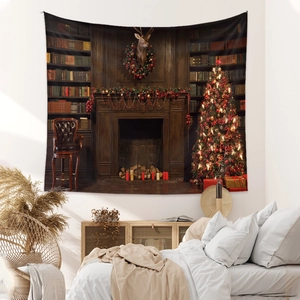 Detail of Christmas tapestry featuring a festive fireplace and tree in a bedroom