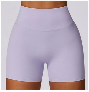 Detailed view of high-waist lilac yoga shorts with premium stitching and elastic fabric