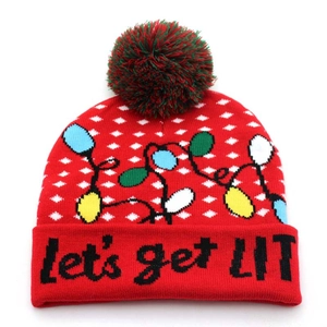Red Christmas knit hat with colorful light bulb patterns and Let's get LIT slogan