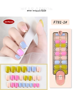 Detail of 24pcs square press-on nails with colorful pastel design and gold edges