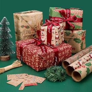Christmas Gift Wrapping Paper Kraft Recyclable Snowflake Reindeer Star Polka Dot Holiday Birthday Packaging