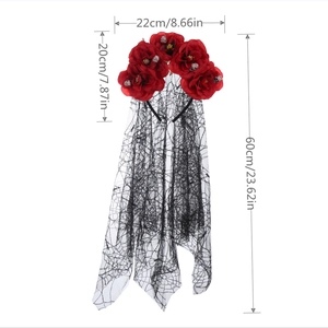 Detail of Halloween skull headband with peony flowers and black mesh veil dimensions