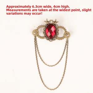 Steampunk wings brooch with vintage gears, red gemstone and chains, 6.3cm x 4cm detail