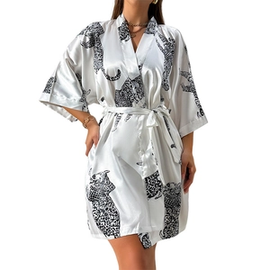 White satin kimono bathrobe with black leopard print and silk-like finish for women