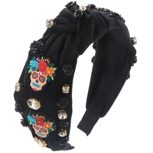 Modieuze Halloween fluwelen geknoopte hoofdband met strass-steentjes en schedelmotieven