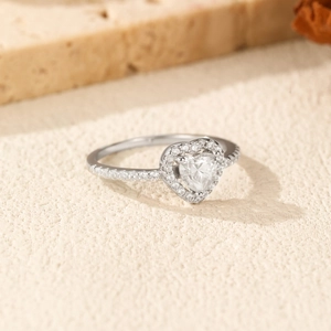 Elegant S925 silver heart moissanite ring with sparkling halo and pave band
