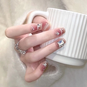Press On Nails Short Square Cat Eye Pink Purple Gradient Butterfly Rhinestone Star Glitter Sweet Style For Women