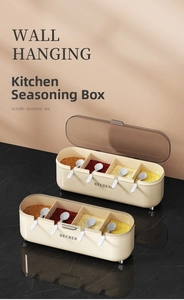 Detail of four-compartment kitchen seasoning box with small spoons and translucent lids