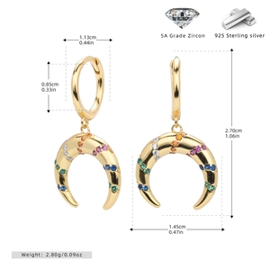 Detailed view of S925 silver crescent earrings with colorful 5A cubic zirconia stones