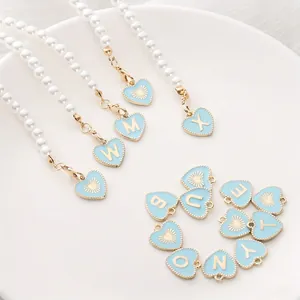 Pearl chain keychain for Stanley cup with heart alphabet pendants in blue enamel
