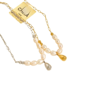 Minimalist stainless steel pearl necklace with water drop pendant in gold and silver finish
