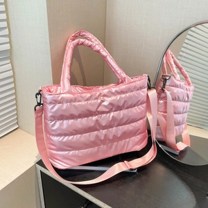 Puffer Tote Bag Shiny Quilted Padded Shoulder Bag Large Capacity Top Handle Adjustable Strap Crossbody Handbag For Women