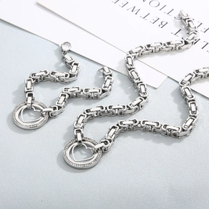 Byzantine chain jewelry set with rhinestone heart pendants in polished silver steel
