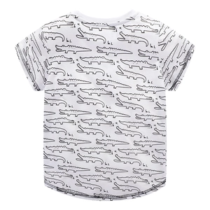 T-shirt per bambini in cotone bianco con stampa coccodrillo nera fatta a mano, retro