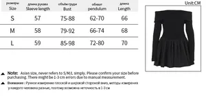 Size chart for the elegant off-shoulder black dress with detailed fit measurements