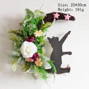 Halloween crescent moon wreath with black cat, white roses, and 25x30cm size details