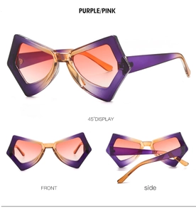 Three-angle view of oversized purple butterfly sunglasses with orange pink gradient lenses