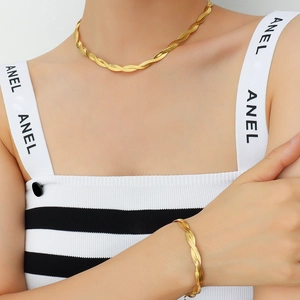 Cross-wrapped twisted rope chain necklace and bracelet set in 18K gold plating