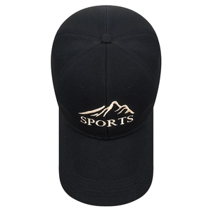 Adjustable black baseball cap with mountain embroidery and sports text in classic style