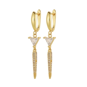 Detail of 18K gold plated drop earrings featuring triangle zircon and pavé crystal charms