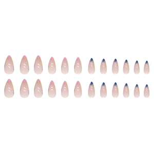 Set of 24 almond press-on nails with blue, white, pink and yellow gradient marble designs