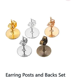 Flat lay view of metal earring studs and butterfly backs in five various metallic finishes