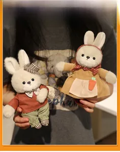 Dettaglio di coppia di coniglietti di peluche con imbottitura morbida e vestiti