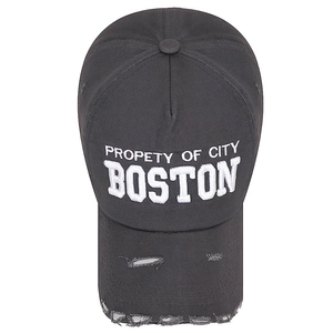 Distressed charcoal grey cotton baseball cap with Boston embroidery and vintage holes