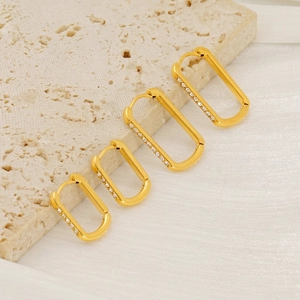 Rectangle Hoop Earrings Stainless Steel 18K Gold Plated Rhinestone U Shaped Geometric Huggie For Women Modern Fashion