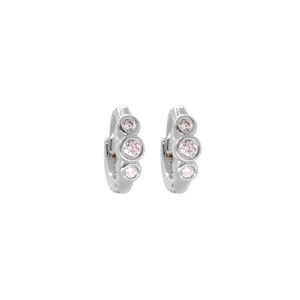 Detail of silver hoop earrings with three vertical round pink gemstones in a set