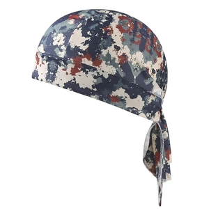 Detail of breathable camo cycling bandana with durable stitching and tie-back design