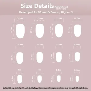 Detailed size chart for 24pcs medium round press-on nails with 12 specific dimensions