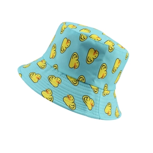 Cute light blue reversible bucket hat with yellow duck pattern for summer sun protection