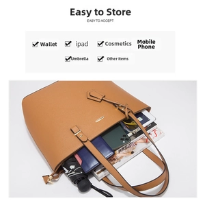 Brown faux leather tote bag interior showing capacity for iPad, phone and cosmetics