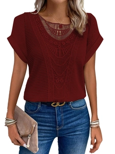 Close-up of intricate lace neckline and knit texture on this dark red short sleeve top