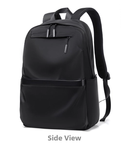 Side view of black business backpack showing padded straps and multi-layer zipper compartments