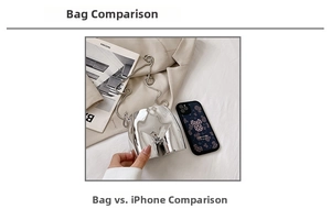 Detailed size comparison of the silver sculptural torso bag next to an iPhone
